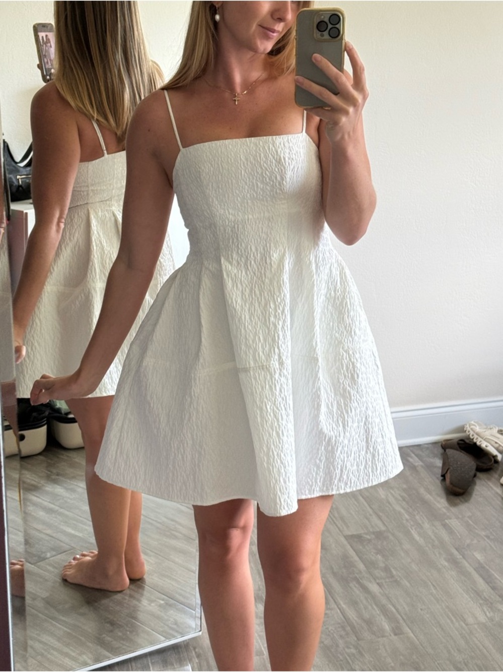 H&M White Textured A-Line Spaghetti Strap Dress